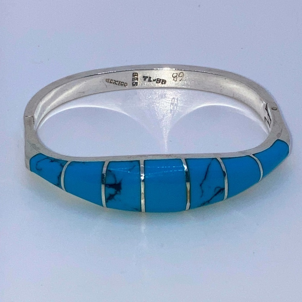 Vtg Taxco Sterling Blue Howlite Rounded Domed Square Pinch Bracelet | 6.8” | 44g